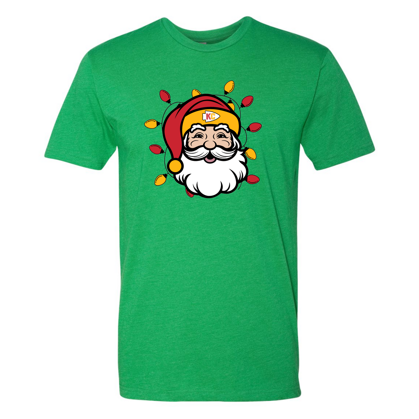 KC Santa With Lights on Kelly green- Adult Sizes Only