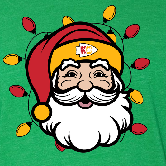 KC Santa With Lights on Kelly green- Adult Sizes Only