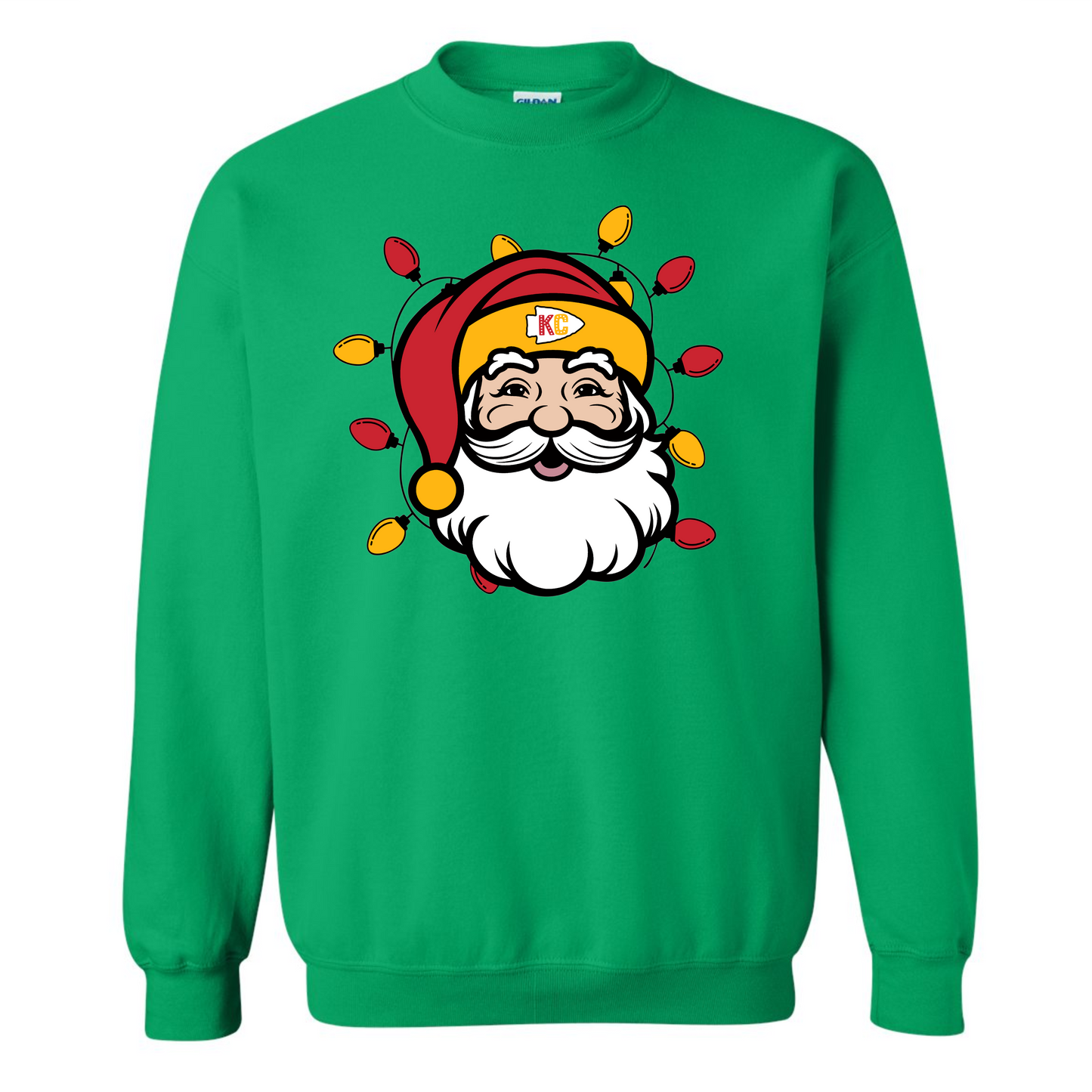 KC Santa With Lights on Kelly green- Adult Sizes Only
