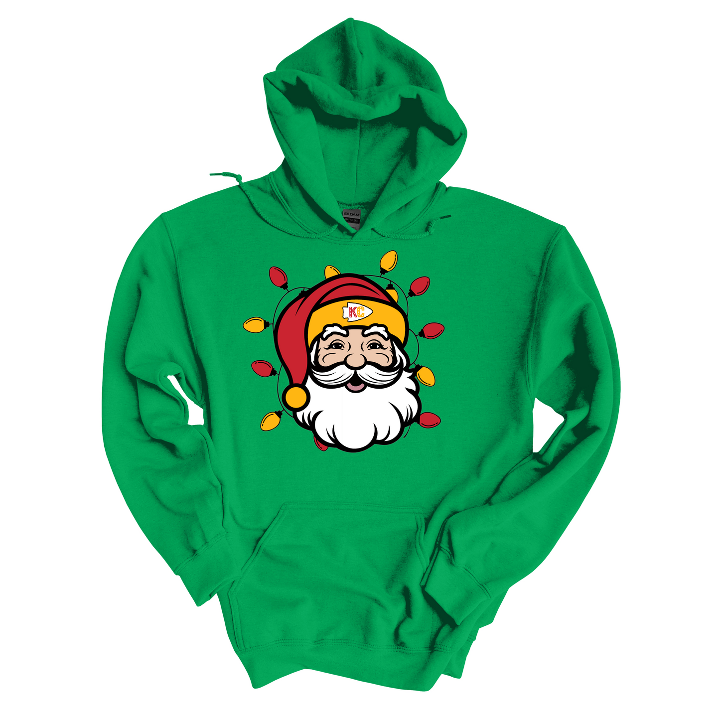 KC Santa With Lights on Kelly green- Adult Sizes Only