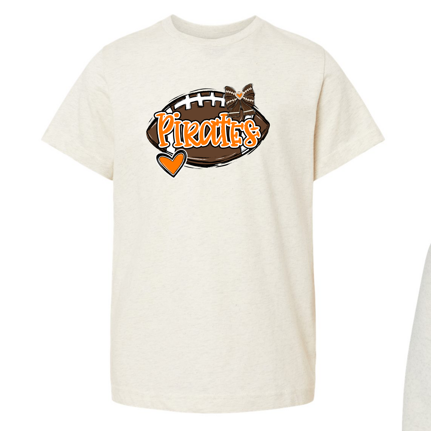 Pirates Football with bow & heart (Adults on sand color, Youth on natural heather- no youth small t-shirts at this time)