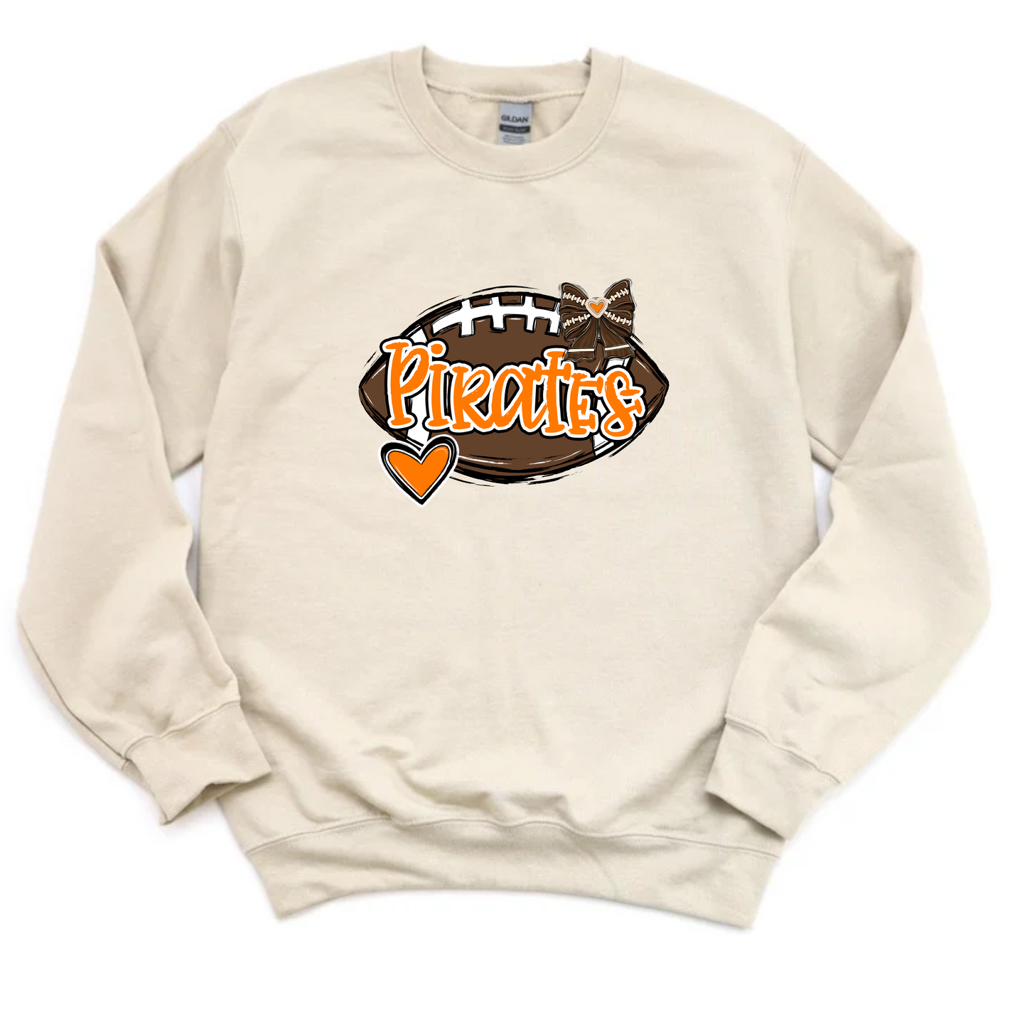 Pirates Football with bow & heart (Adults on sand color, Youth on natural heather- no youth small t-shirts at this time)