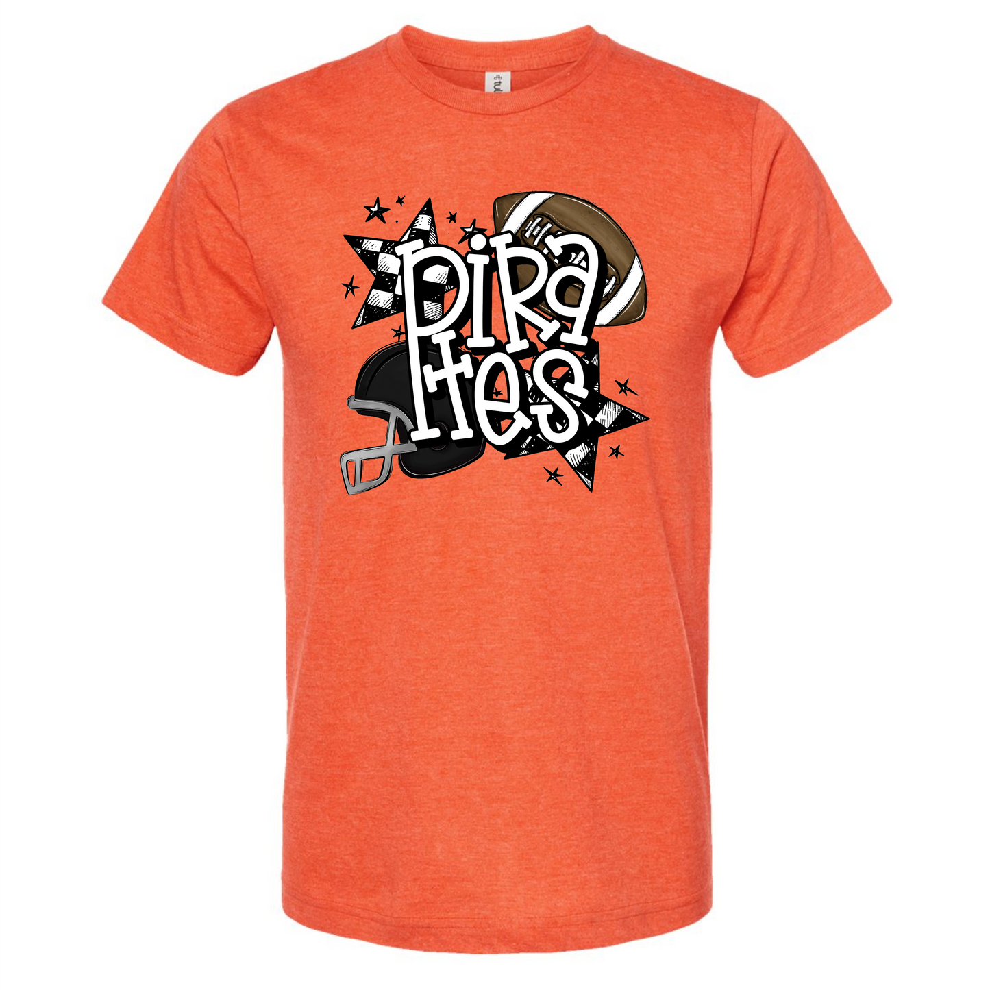 Pirates- football, helmet, checkered on heather orange- T-shirt only